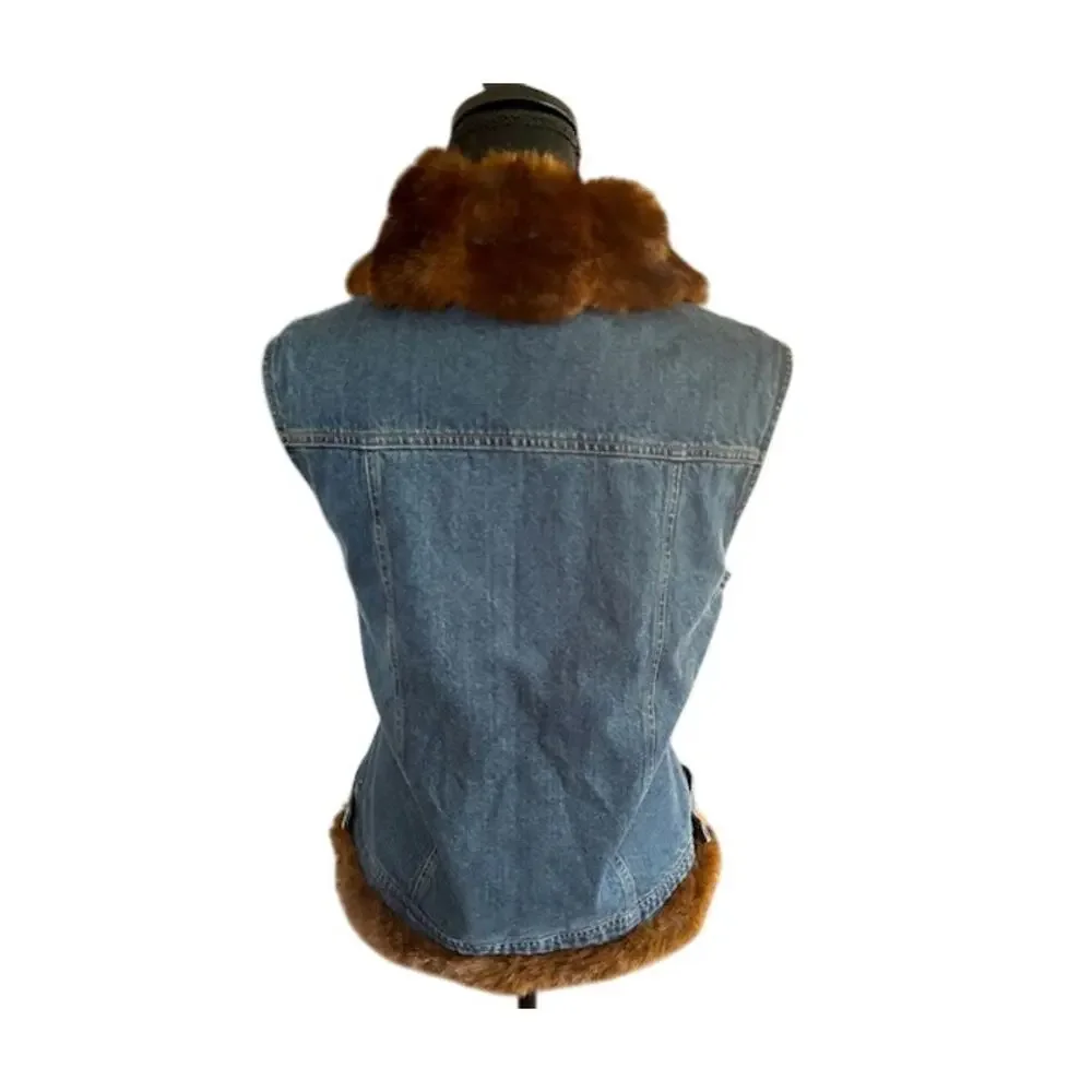 Vintage Fuda Sport Denim Vest with Faux Fur Trim – Size Large NWOT
